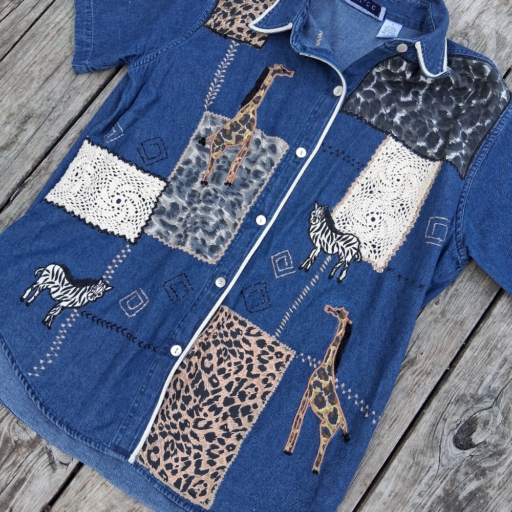 Sara Studio Patchwork Animal Print Embroidered De… - image 2